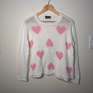 Wooden Ships Sweater S/M Pink Hearts White Knit Cotton Blend Pullover Cozy